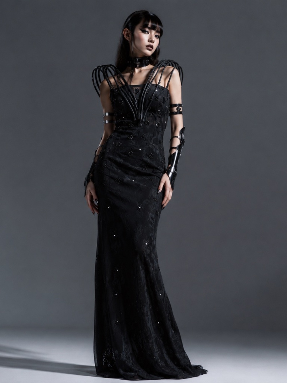 Black Cyber-Goth Beaded Lace Mesh Maxi Dress Futuristic Straps Steampunk Sz XS/S